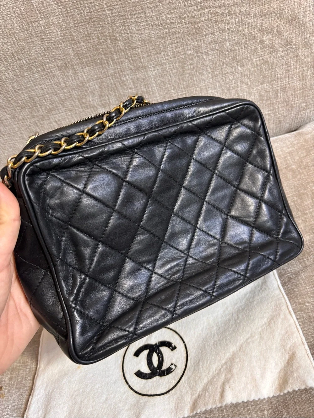 Authentic CHANEL vintage black lambskin tassel camera bag